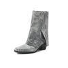 Cowboy Western Boots Women's Denim Mid Calf Boots Turndown Split Chunky Heels Shoes Slip on 2024 Autumn Winter Footwear