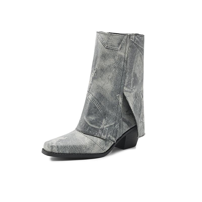 Cowboy Western Boots Women's Denim Mid Calf Boots Turndown Split Chunky Heels Shoes Slip On 2024 Autumn Winter Footwear