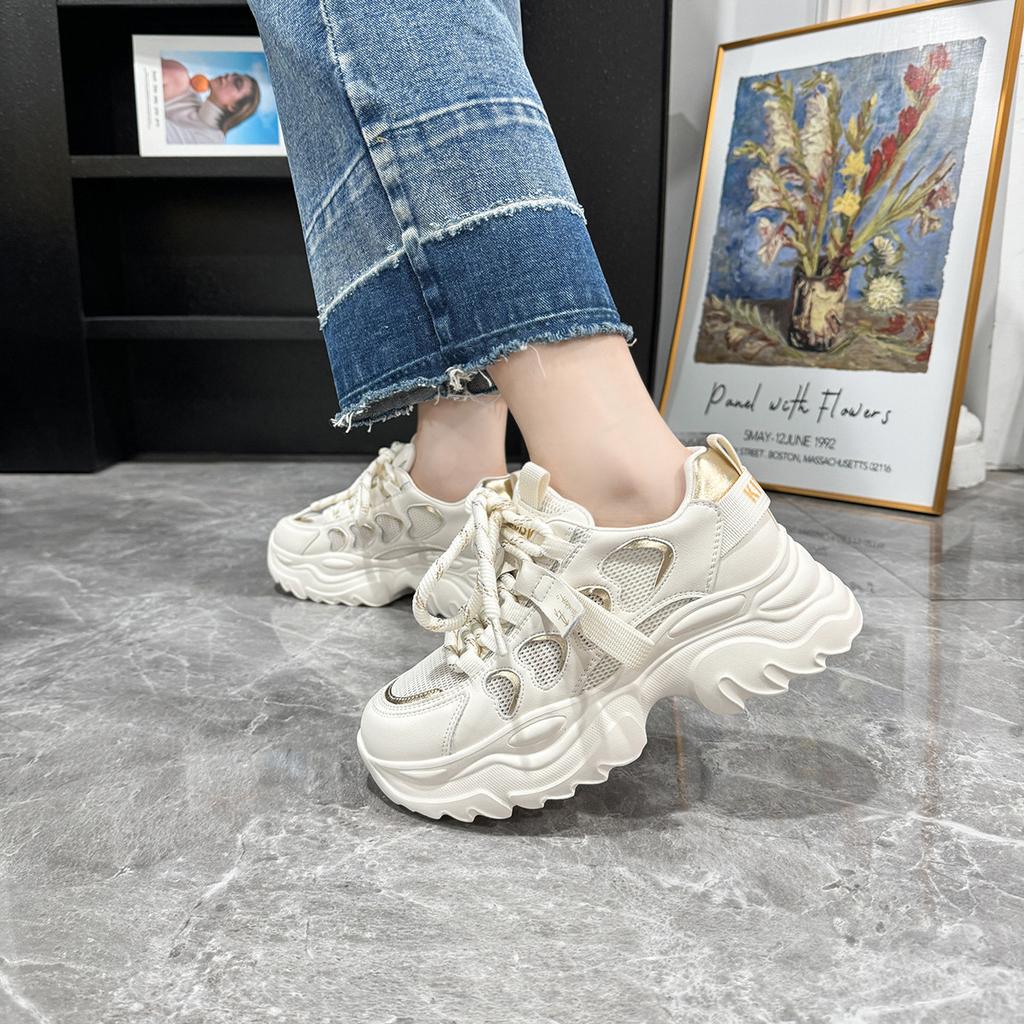 Women's color matching lace-up thick-soled muffin and little white shoes mesh love women's single shoes travel shoes