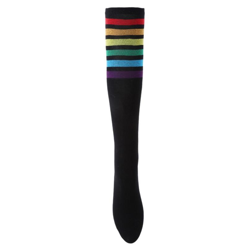 1Pair Girls Thigh High Socks Over Knee Rainbow Stripe Football Socks