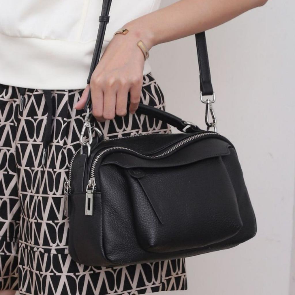 First Layer Cowhide Small Square Bag Crossbody Mobile Phone Change Popular Apple Bag Women's Shoulder Practical Solid Color Leather Bag Soft