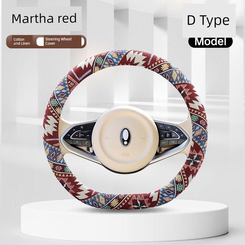 Ethnic Style Cotton and Linen Car Steering Wheel Cover, Universal for All Seasons, Non-Slip Handle Cover, Women's Cartoon Summer Fabric