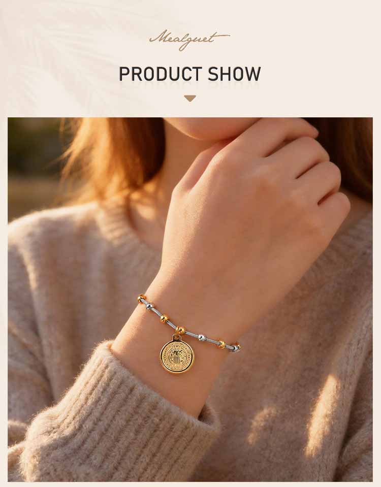 Edelstahl St. Benediktusmedaille Perlenkettenarmband Vergoldet Religiöses Kreuz Katholischer Schmuck Anlaufgeschützt Taufe Geschenk