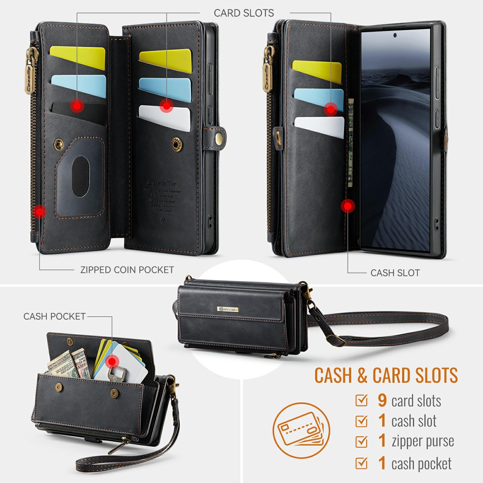 

CASEME C39 Series For Samsung Galaxy S24 Ultra Case RFID Blocking 9 Card Slots Zipper Wallet Stand Leather Cover with Strap Black