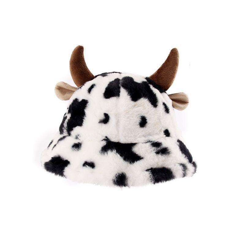 [Cow Print Plush Hat] Black And White Cow Print Plush Hat, Cute Horn Thickened Warm Beanie, Fashionable Versatile Fisherman Cap