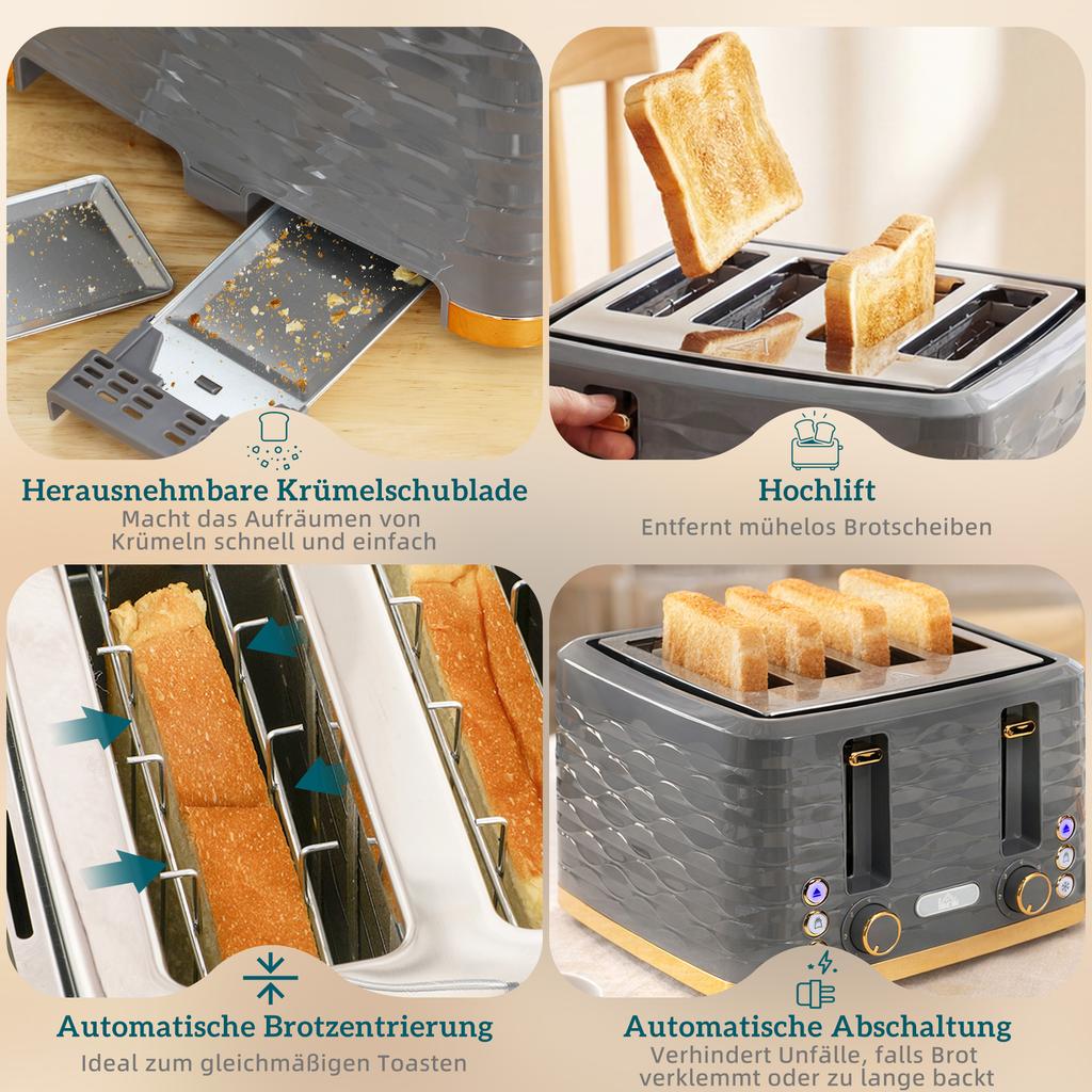 Toaster for 4 Slices with 7 Browning Levels, High-Lift, Reheat/Defrost/Cancel Function, Grey Wave Design
