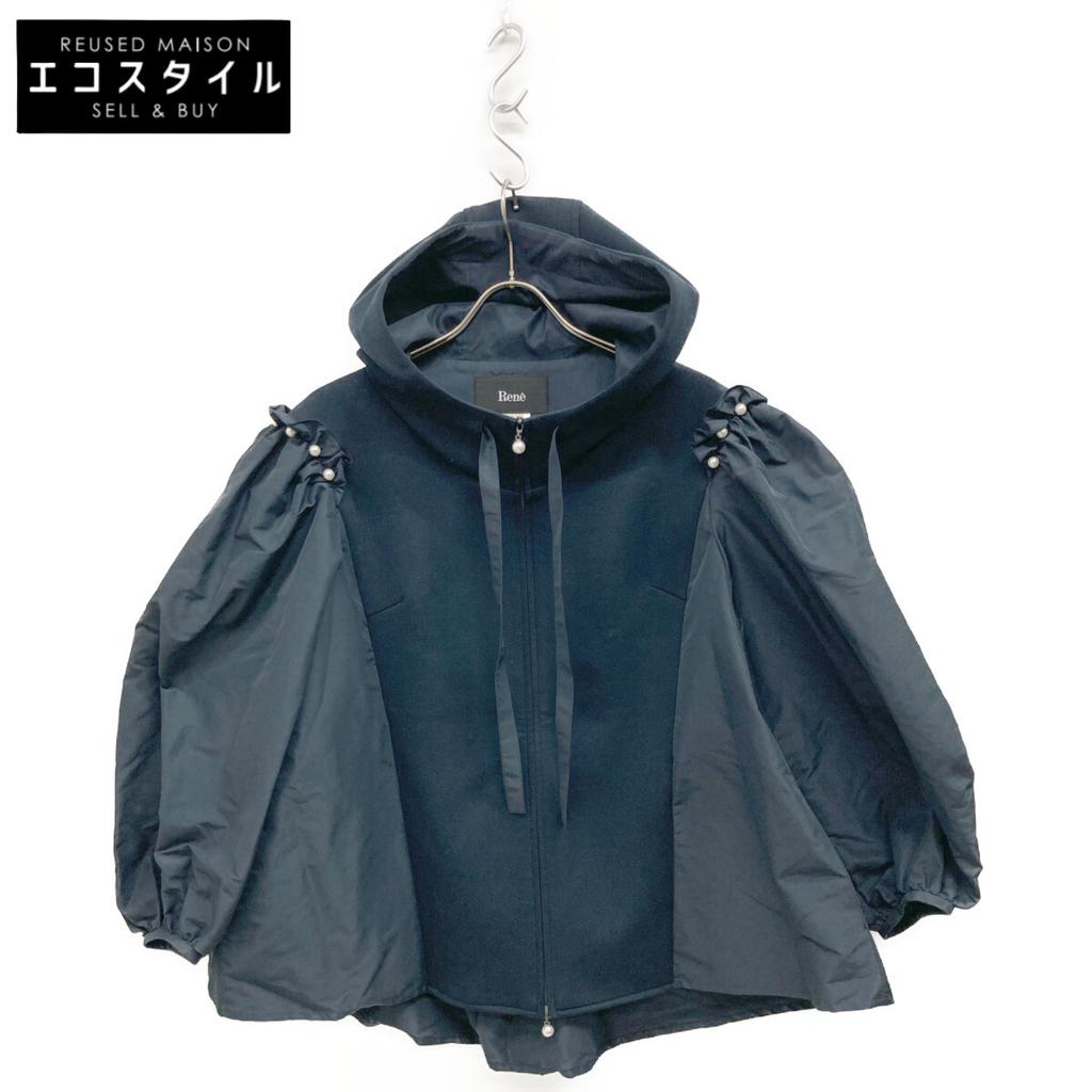 Rene 5417920 Navy Rayon Blend Coated Pearl Contrast Bag Gather Hooded Blouson Jacket 38 NavyUsed