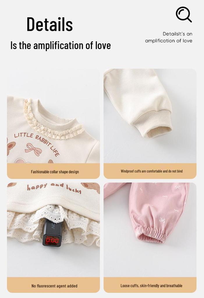 Korean Girls' Spring 2026 Cartoon Hoodie & Pants Two-Piece Set