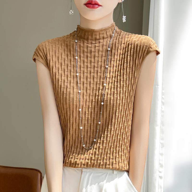Women T-shirt Tank Summer Knitted T-shirt Short Sleeve Tees Basic Tees Knit Top Pullover Turtleneck Female