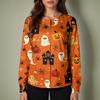 Women's Halloween Print Long Sleeve Cardigan Top with Single Button Front for Caregiver Uniform