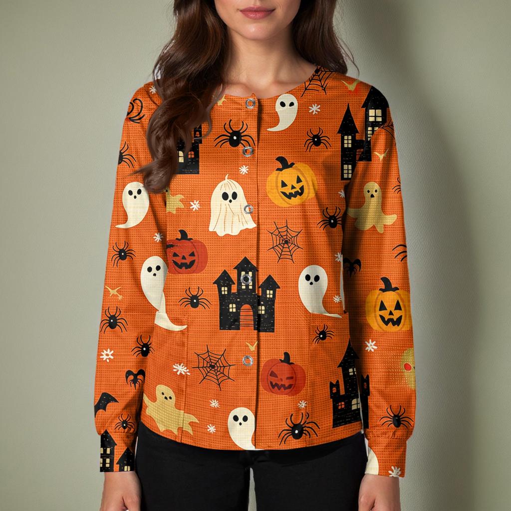 Women's Halloween Print Long Sleeve Cardigan Top with Single Button Front for Caregiver Uniform