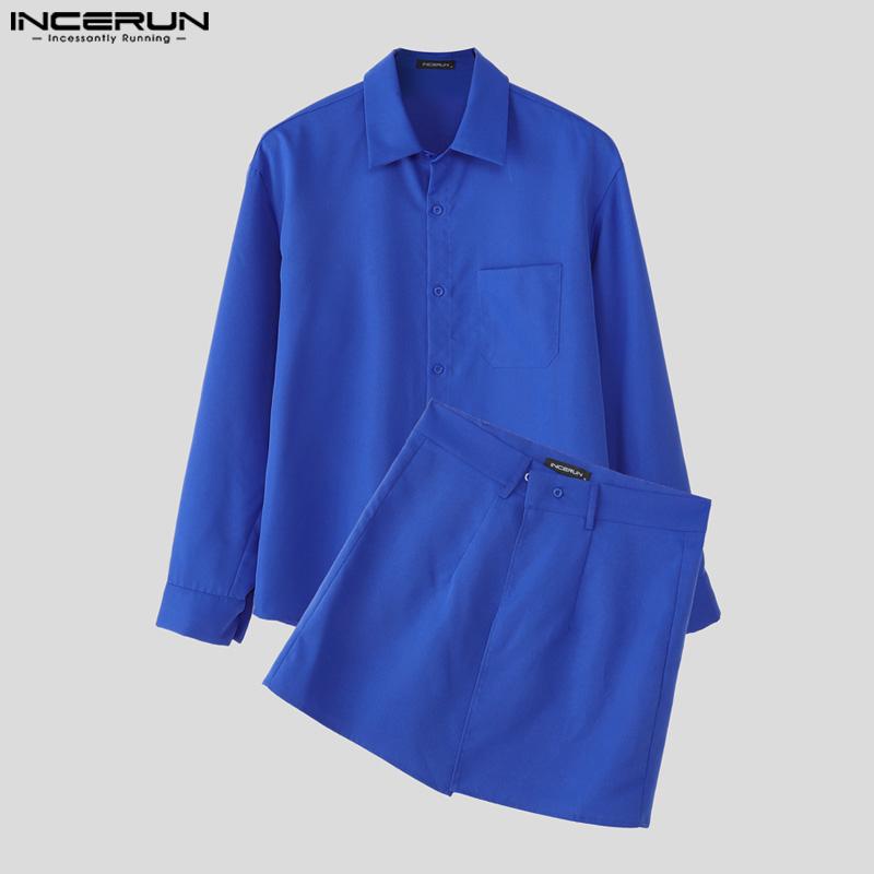 INCERUN Men Two Pieces Long Sleeve Buttons Shirts with Wrap Hem Sets