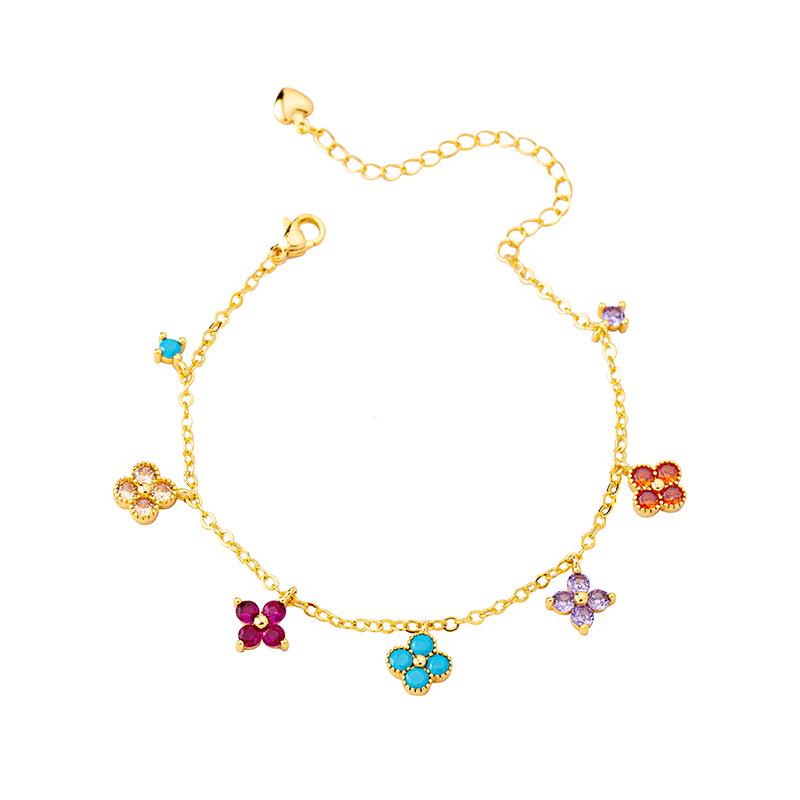 Vietnam Gold Minimalist Four-Leaf Clover Necklace & Zircon-Inlaid Flower Bracelet Set