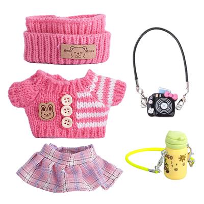 [FTADI] Plush Doll Clothes - Cute Fashion Knit Sweater Set for 15-17cm Dolls, Dress-Up Toy for 15-17cm Dolls, Doll Camera and Water Bottle Set