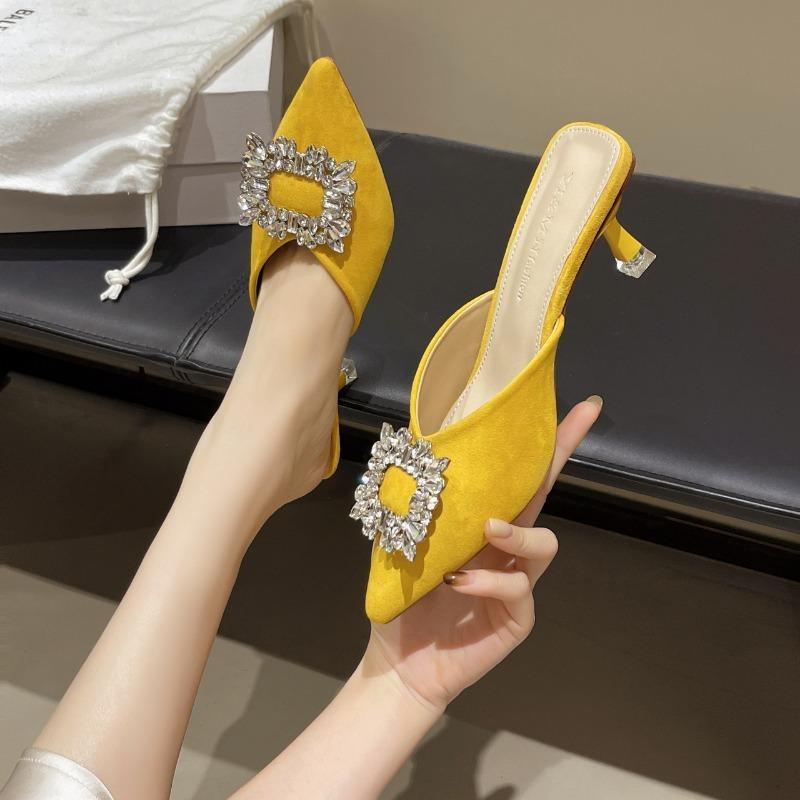 Fashion Shoes Female 2025 Summer New Women’s Closed Toe Slippers Fashion Crystal Square Button Slippers Thin Heels for Daily & Dress