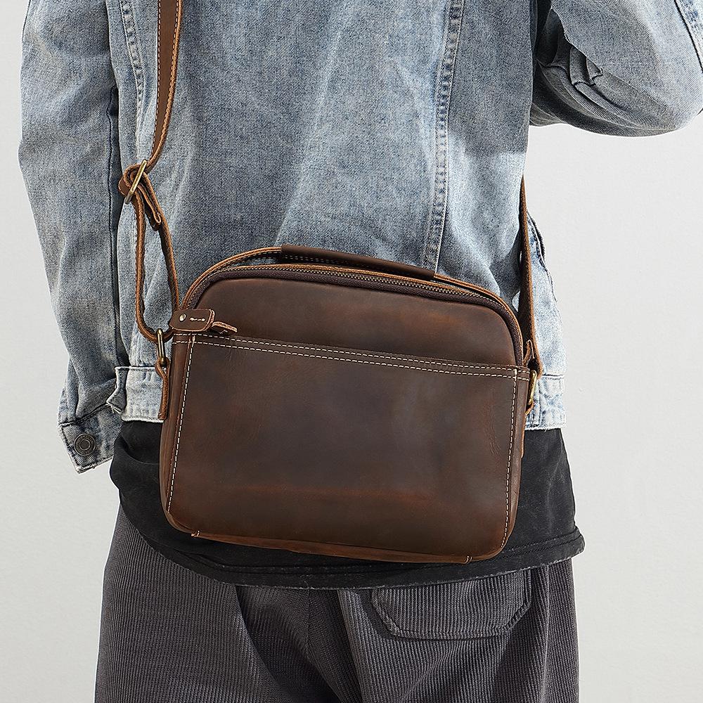 Head Layer Cowhide Shoulder Bag, Genuine Leather, High-end Feeling, Crossbody Men's Leather Bag, Crazy Horse Leather, Personalized Mailman Backpack