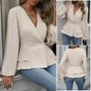 Top da donna Scollo a V Manica lunga Blusa snellente Vita aderente Orlo con volant Camicia a tinta unita Top Abbigliamento quotidiano