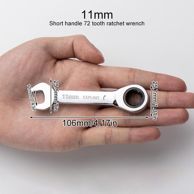 1Pc Metric Open End Wrench with Tight Spaces Gear Repair Hand Tools Steel Stubby Ratcheting Wrench Spanners 72-Tooth Car Repair