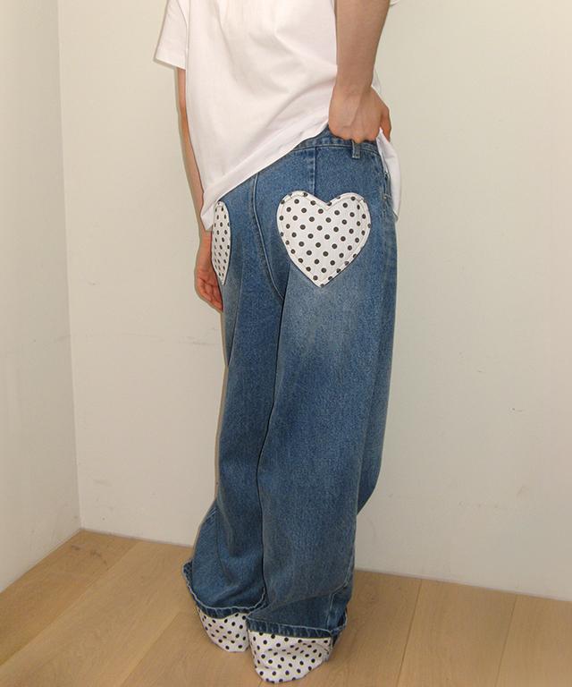 RONRON Patch Roll Up Denim Pants White Dot