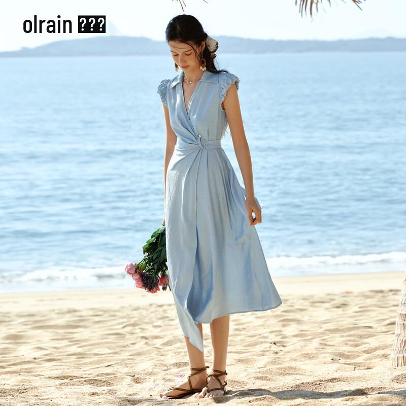 Olrain French Style Tie-Waist Puff-Sleeve Dress L