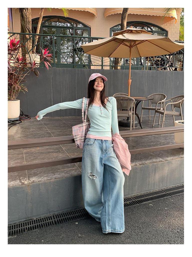 Ensemble Deux Pièces T-shirt Manches Longues Coupe Ajustée avec Bordure en Dentelle Pure Désir - Style Coréen Printemps Femme