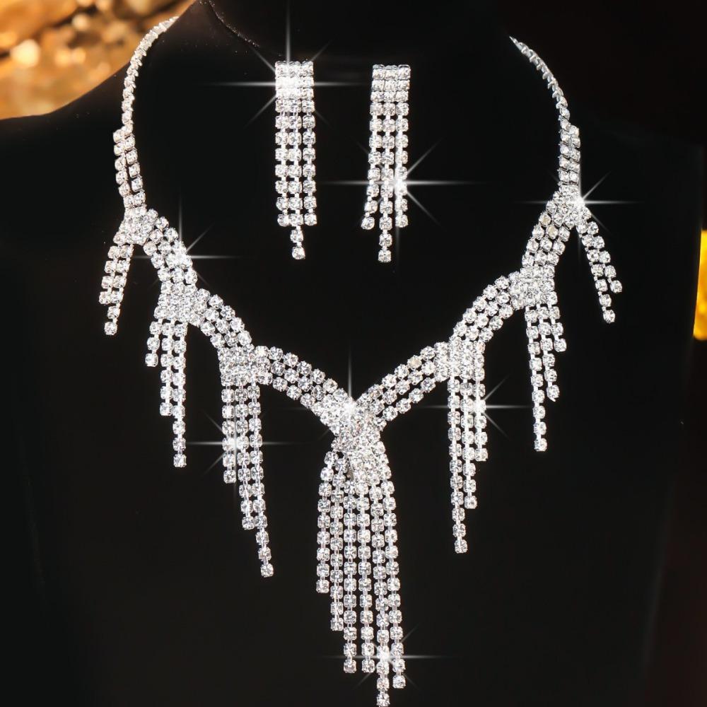 Zircon Bridal Jewelry Set Elegant Rhinestone Necklace Vintage Necklace Earring Set  Bridal