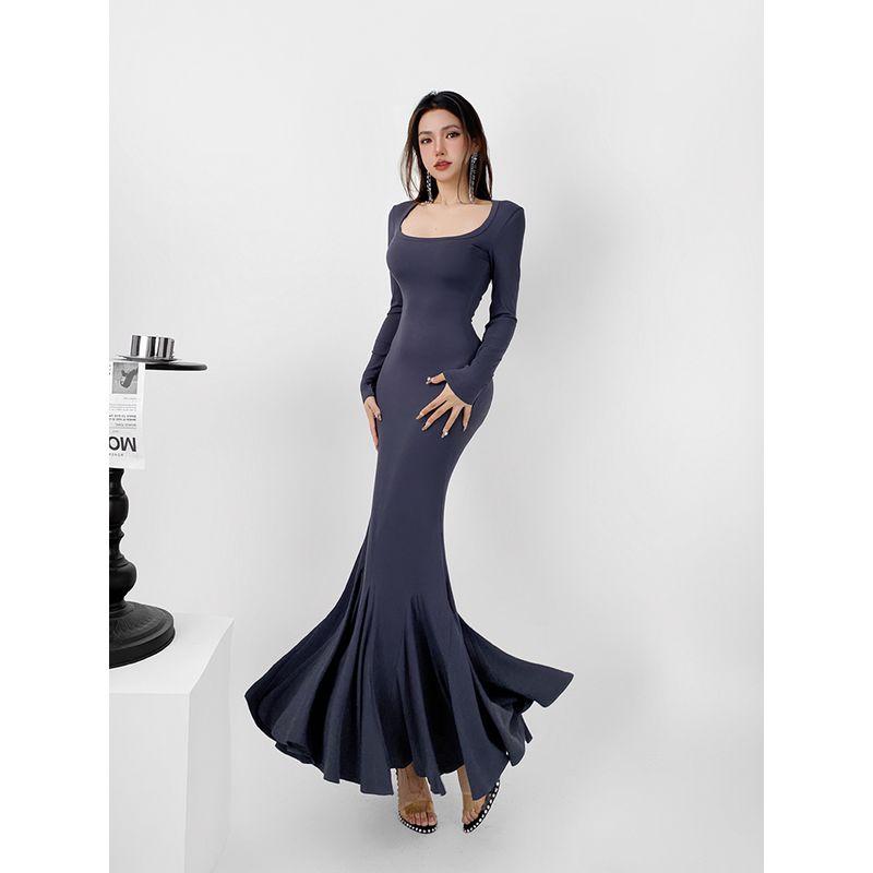 

Изящная пошаговая юбка-лотос, вязаное платье «рыбий хвост», женский свитер с высоким горлом, осень-зима, прилегающий крой, одежда для дома, высокая талия, длинная юбка Dark gray Crewneck M