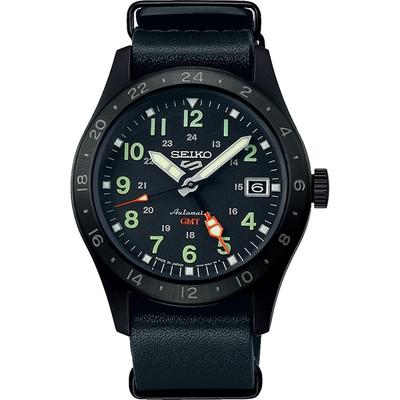 SBSC013 (5SPORTS Field Sports Style MechanicalGMT Herren-Armbanduhr mit Lederarmband) Runde Uhr Schwarz