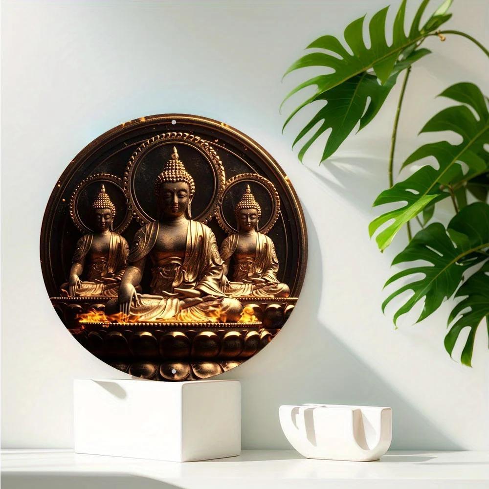 Wood Round Buddha Statue Themed Sign, Decor Sign, Cafe, Apartment, Restaurant, Living Room, Wall Decoration for Church Front Door Wall Hanging Decor