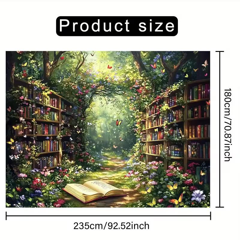 2D Enchanted Book Forest Wall Tapestry, Fairy Tale Library Scene Backdrop for Living Room