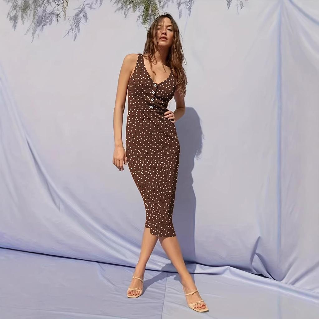 Retro Polka Dot Deep V-Neck Cinched Waist Midi Dress - European and American Vacation Style