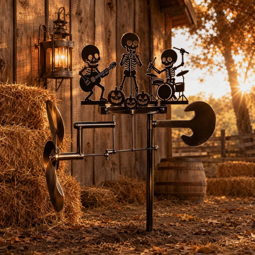 Wind-Powered Halloween Skeleton Metal Drummer Wind Heavy Duty Rock Band Sculpture Yard