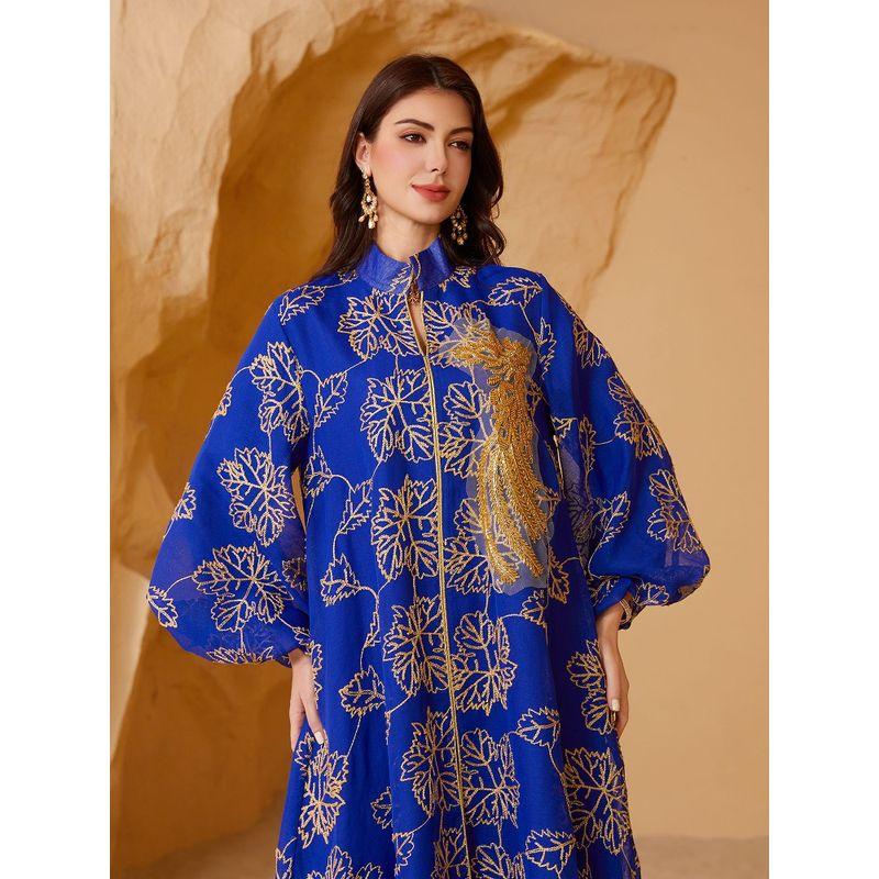 Indonesia Middle East Blue Applique Embroidered Closed Puff Sleeves Belt Dubai Robe Dress Long Dress