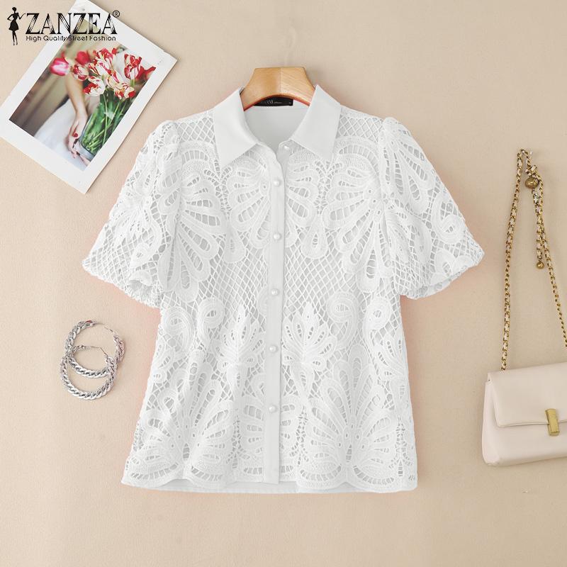 ZANZEA Bluză de damă cu guler polo, mâneci scurte, croșetată ajurată patchwork