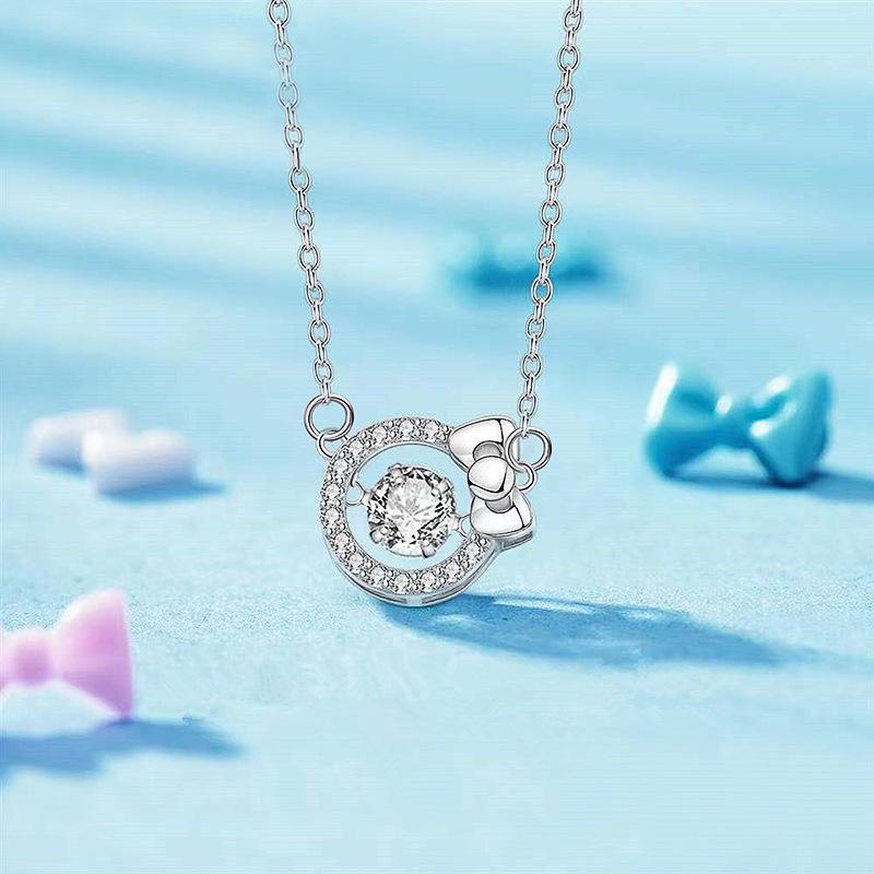 Open Halo Circle with Side Bow Accent Center Round Stone Paved Pendant Women Clavicle Necklace