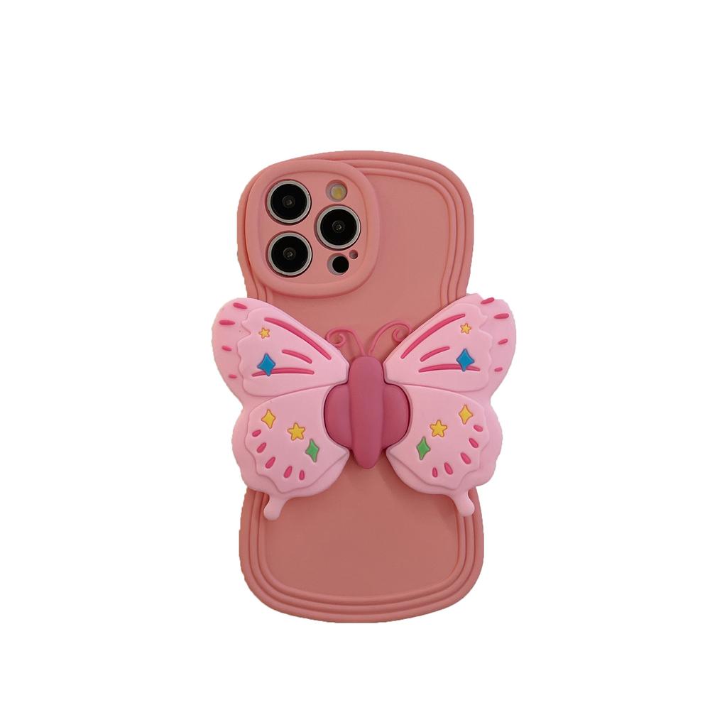 Three-dimensional pink butterfly silicone bracket for iPhone16Pro max iPhone 15 case 14/13 soft case