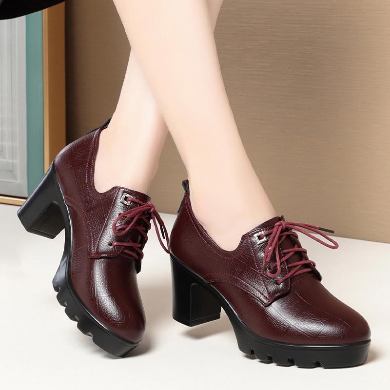 Mote Britisk Stil Mykt Skinnsko Dame Chunky Platform Pumps 2024 Vårblokk Høye Hæler Oxfords For Kontor Modell Mote