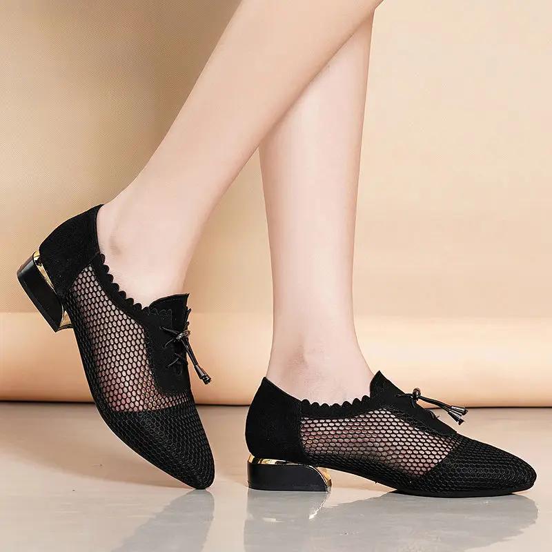 Square Heels Block Heel Moccasins Pointed Toe Mesh Low Elegant Chunky Normal Leather Casual Hollow Black Shoes for Women Shoe L