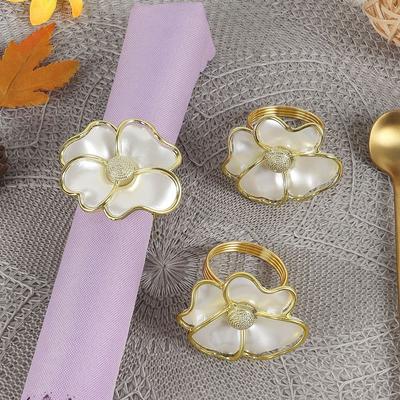 6 Pcs Gold, White Flowers Napkin Ring Holders Flower Acrylic Phnom Penh Flower Napkin Button 2.3'' Flower Shaped Napkin Ring