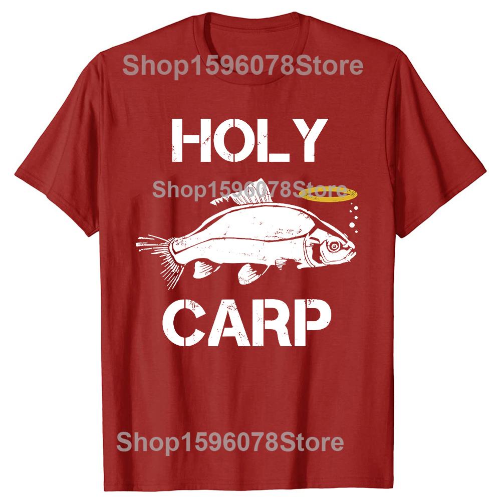 Funny Holy Carp Fishing T Shirts Men Women Casual Cotton Humor Tee Christmas Short Sleeve Unisex Loose Angler Fisherman Clothing S