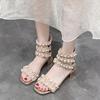 Mote Sandaler med middels hæl Sommer Ny Firkantet tå Snøring Perlebesatt Veske med Glidelås bak Sklisikre Slitesterke Firkantede hæler