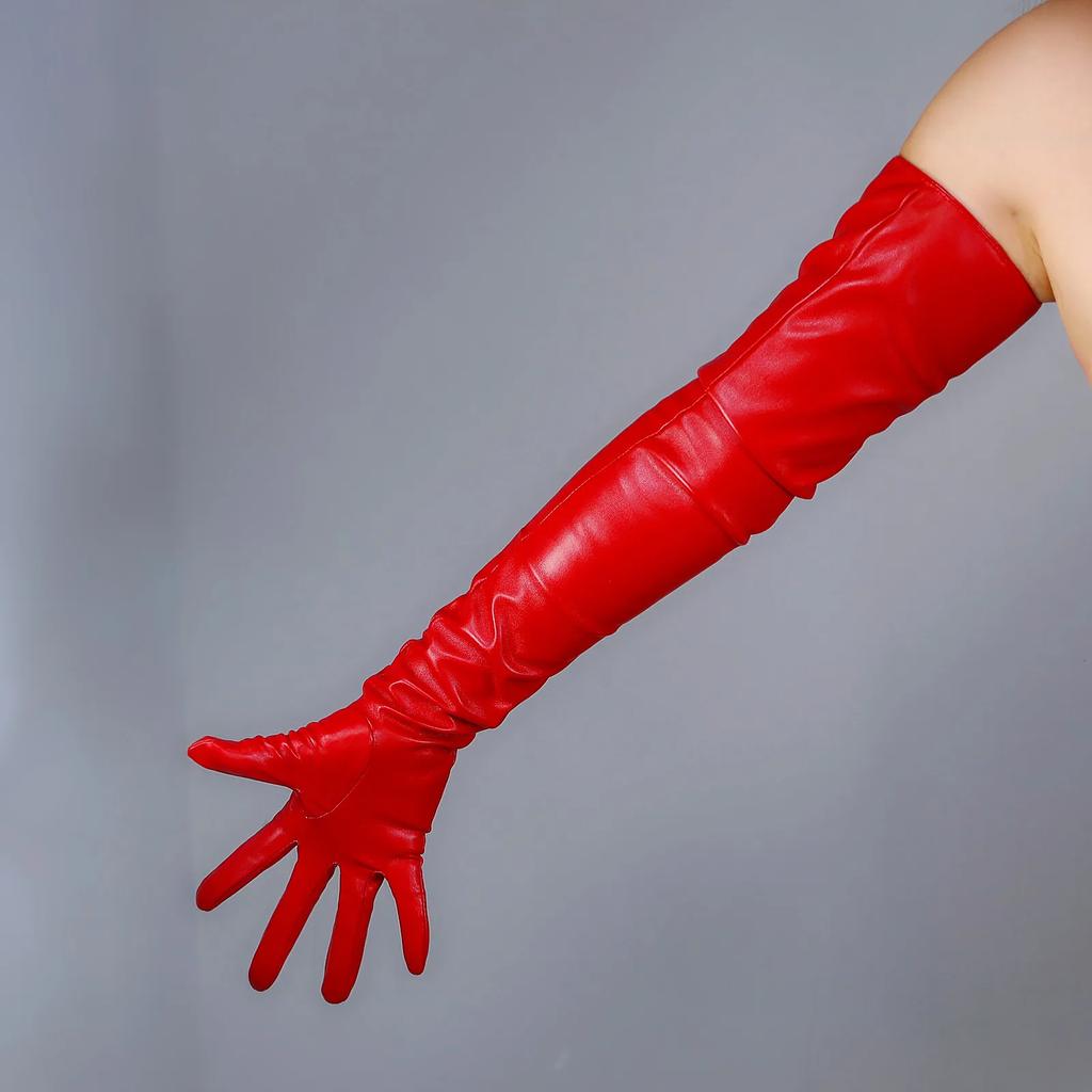 DooWay 70cm Red LONG Leather GLOVES Faux Lambskin Sheepskin Wedding Fashion Cosplay Halloween Costume Evening Opera Glove