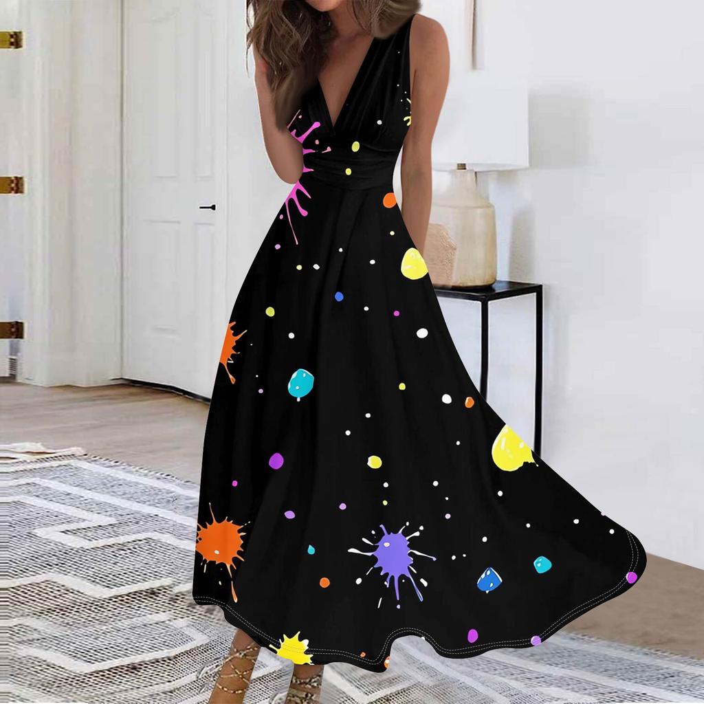 Women's Fashion Casual Loose V-Neck Sleeveless Printed Dresses