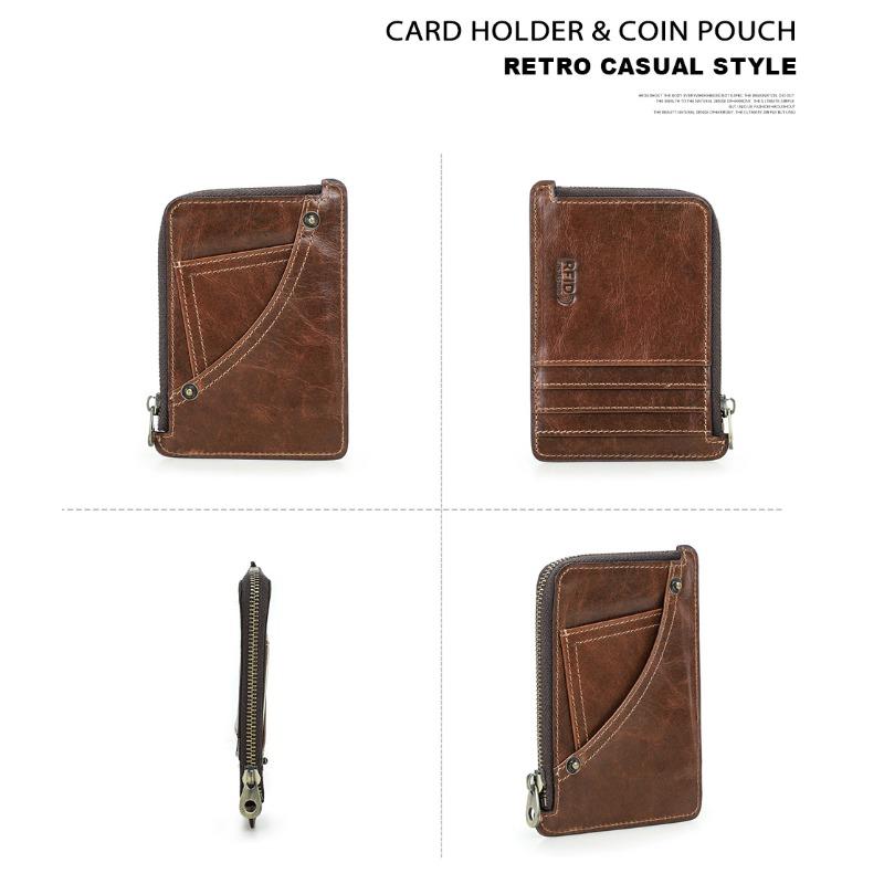 Full Grain Vintage Leather Card Holder RFID Blocking Slim Zipper Coin Pocket
