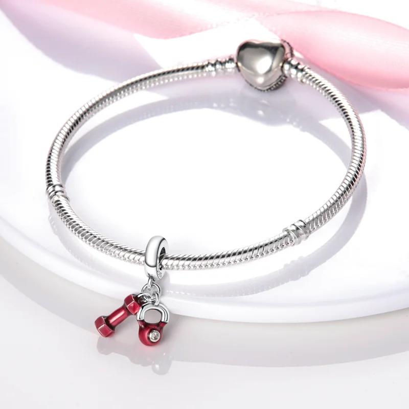 Original Charmscopper Red Fitness Equipment Dumbbell Beads Fit Charms Platabracelets For Women Jewelry Making Gifts