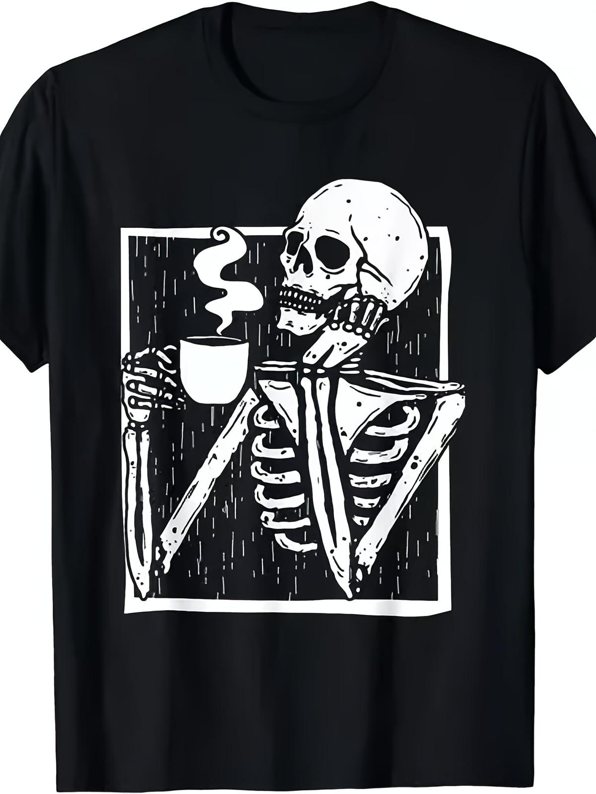 Coffee Drinking Skeleton Skull Funny TShirt Men S short sleeved Tshirt S разноцветный
