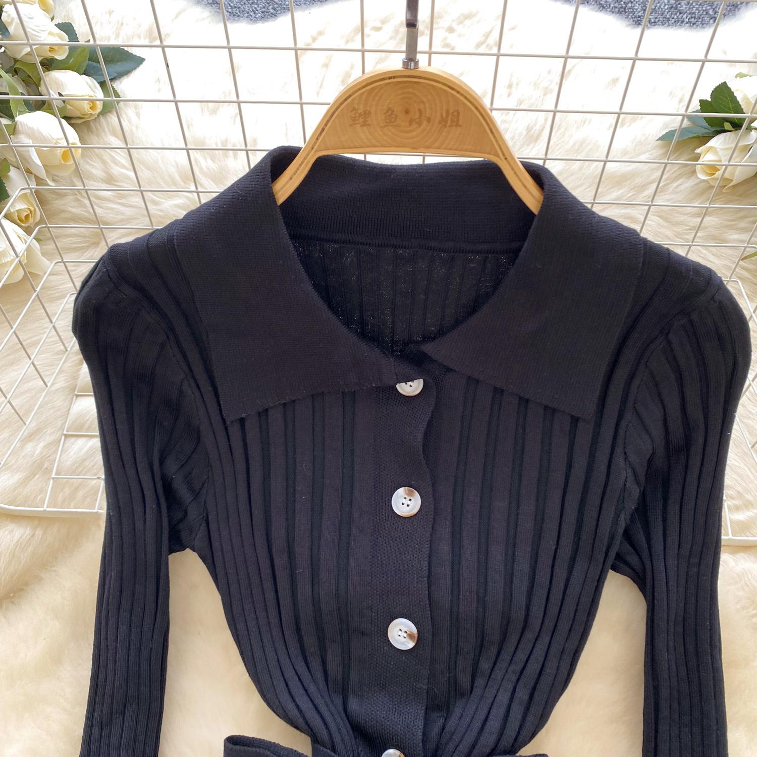 Винтажное отложной воротник элегантное длинное рукав однобортное бандажное трикотажное — фото 12