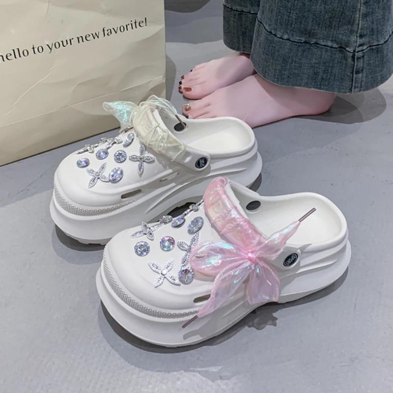 Fashion Luxury Rhinestone Chunky Sandals Women Laser Ribbon Platform Clogs Slippers Woman 2025 Summer Thick Bottom Garden Shoes Female