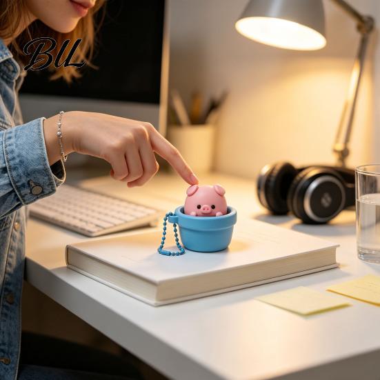 Portable Stress Reliever Potted Pig Clicker Toy with Bead Chain, Clicky Button Fidget Relief Gadget for Relief, Finger Backpacks School Bags