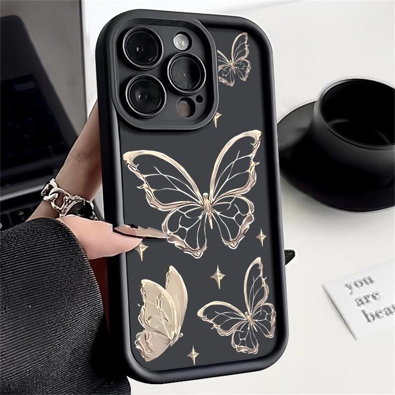 

Soft TPU Gold Butterfly Pattern Case For iPhone 16 15 14 Pro Max 11 12 13 Pro 16E XR 15 16 Plus Shockproof Silicone Phone Cover iPhone 15